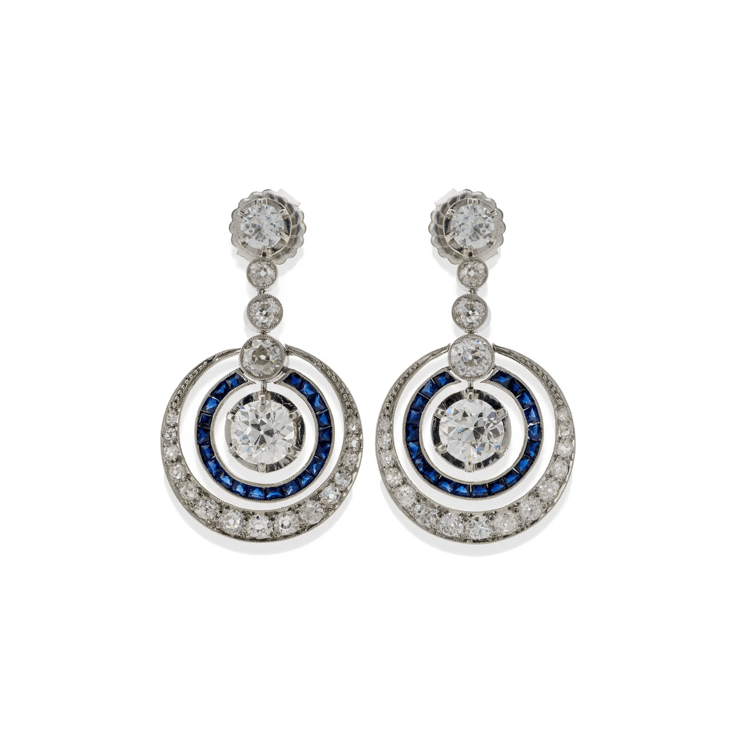 Art Deco Platinum Diamond & Sapphire Earrings front