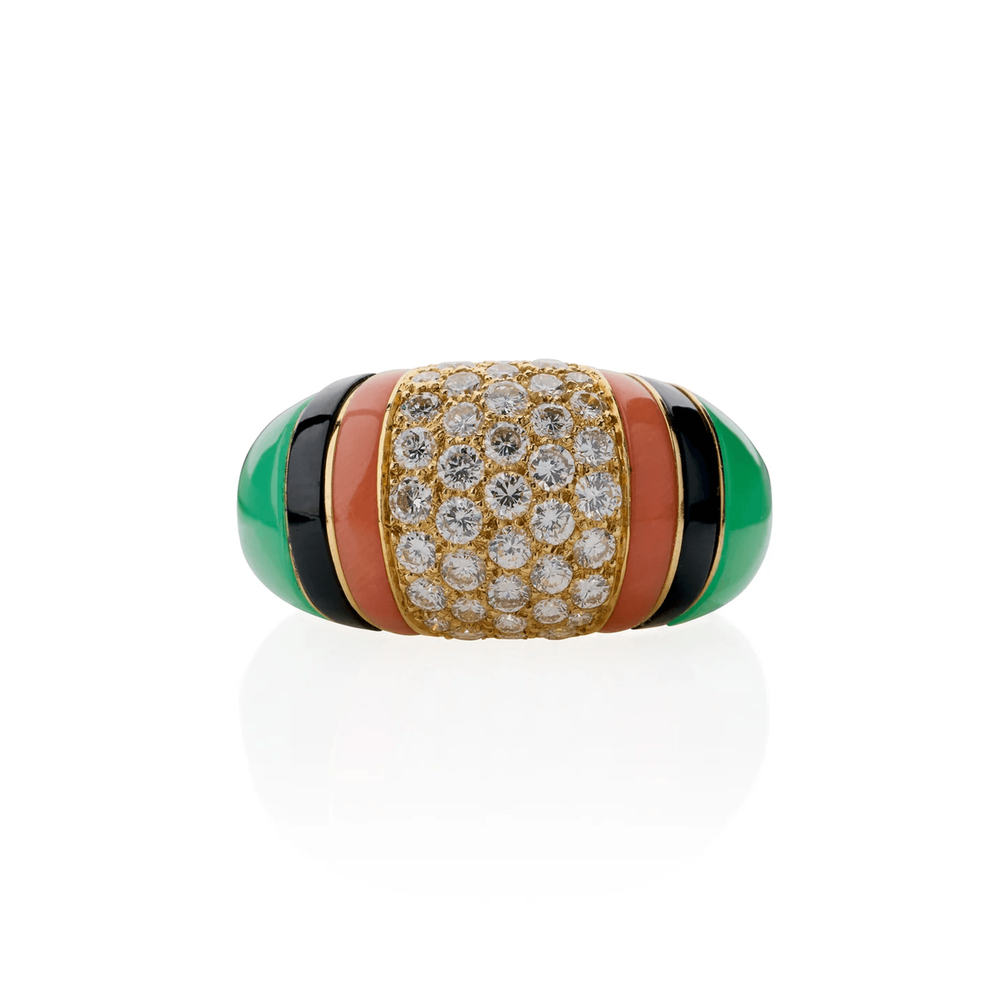 Van Cleef & Arpels France 1980s 18KT Yellow Gold Diamond, Chrysoprase, Coral & Onyx Ring front