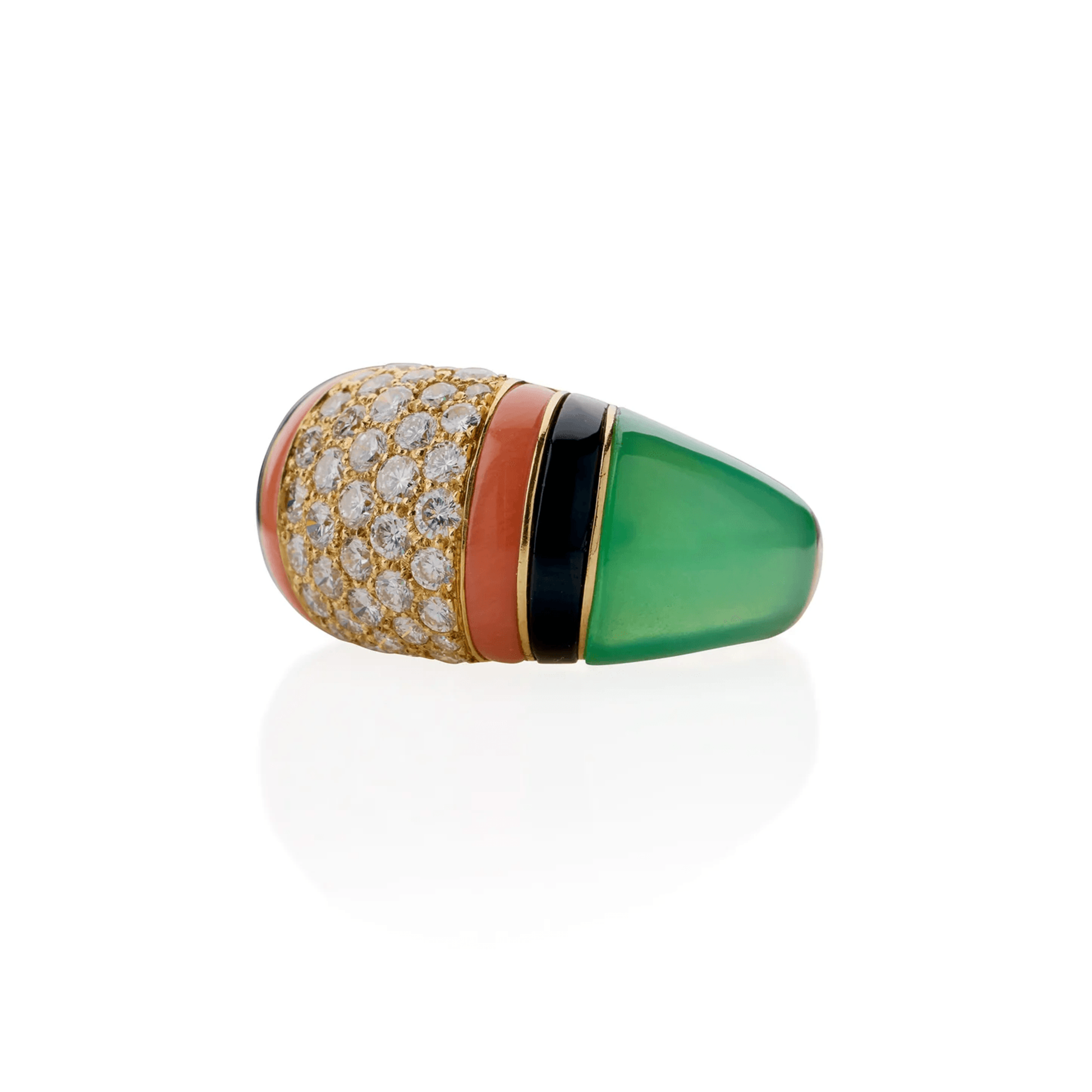 Van Cleef & Arpels France 1980s 18KT Yellow Gold Diamond, Chrysoprase, Coral & Onyx Ring side
