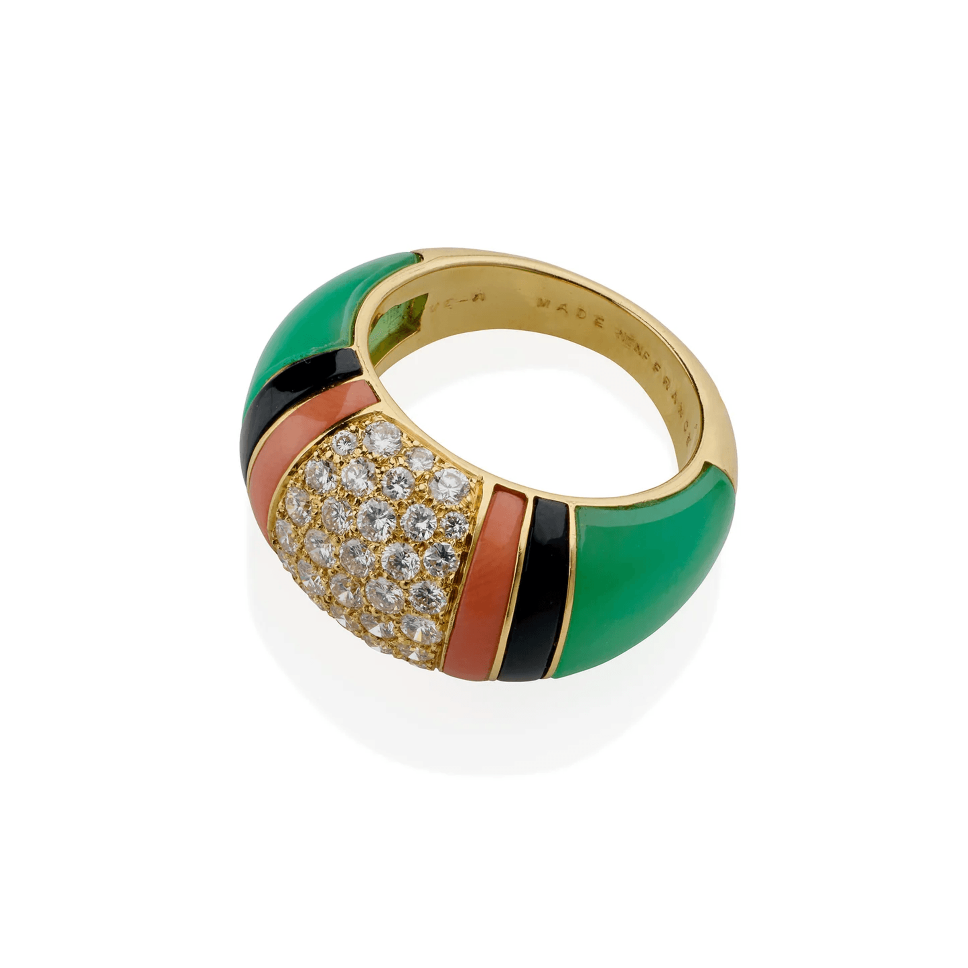 Van Cleef & Arpels France 1980s 18KT Yellow Gold Diamond, Chrysoprase, Coral & Onyx Ring top and signature