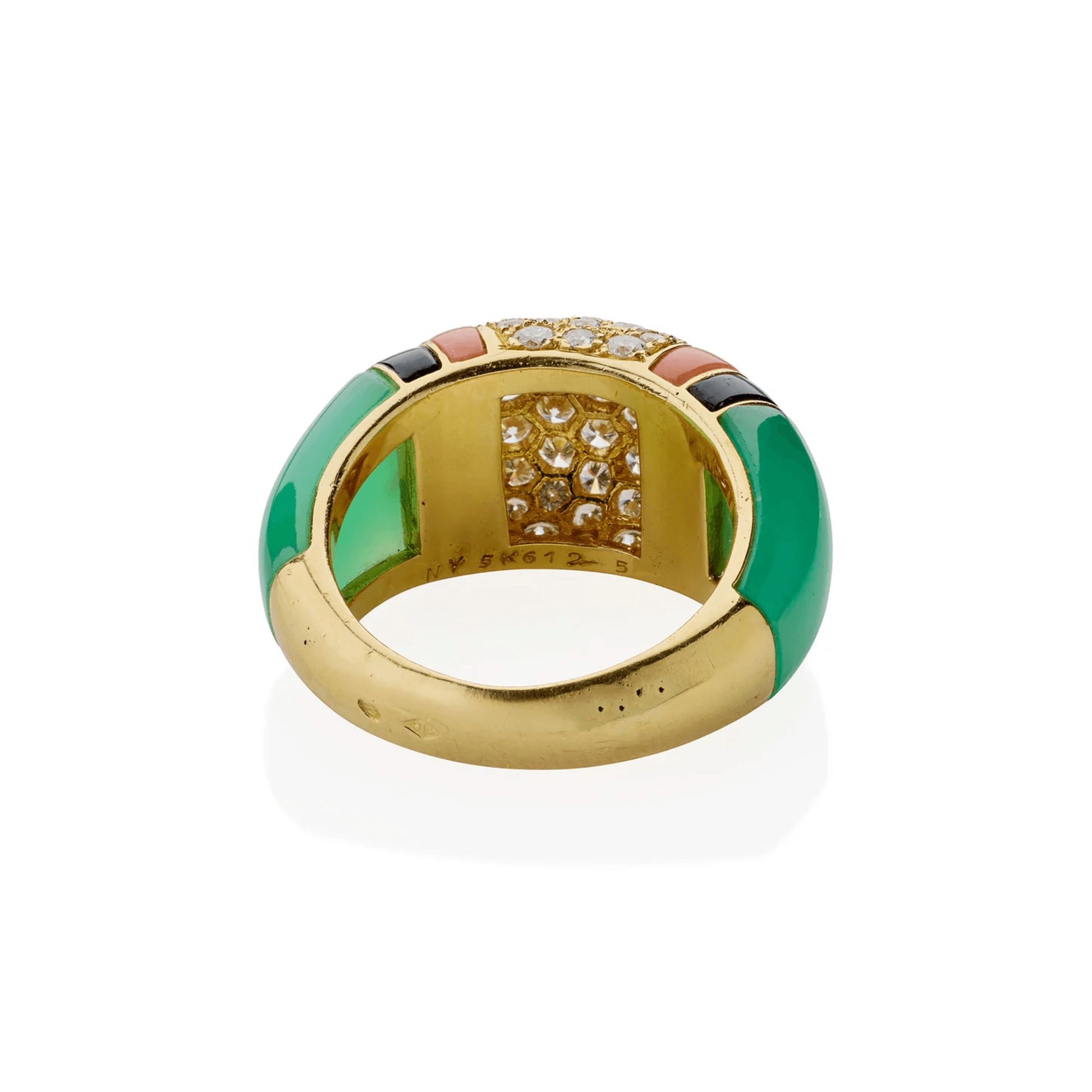 Van Cleef & Arpels France 1980s 18KT Yellow Gold Diamond, Chrysoprase, Coral & Onyx Ring back and number