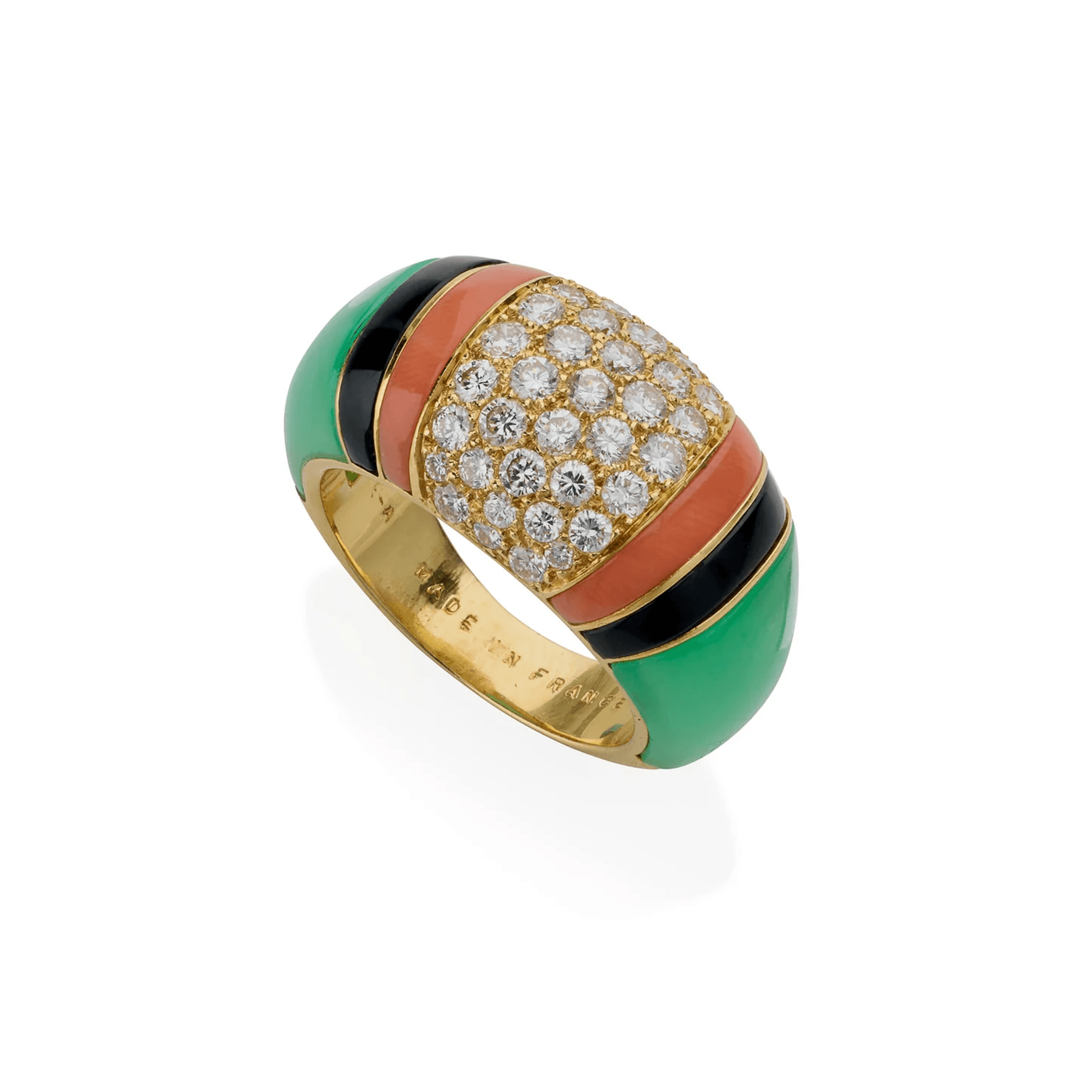 Van Cleef & Arpels France 1980s 18KT Yellow Gold Diamond, Chrysoprase, Coral & Onyx Ring top