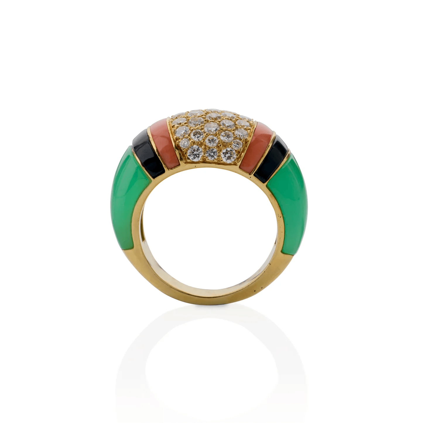Van Cleef & Arpels France 1980s 18KT Yellow Gold Diamond, Chrysoprase, Coral & Onyx Ring profile