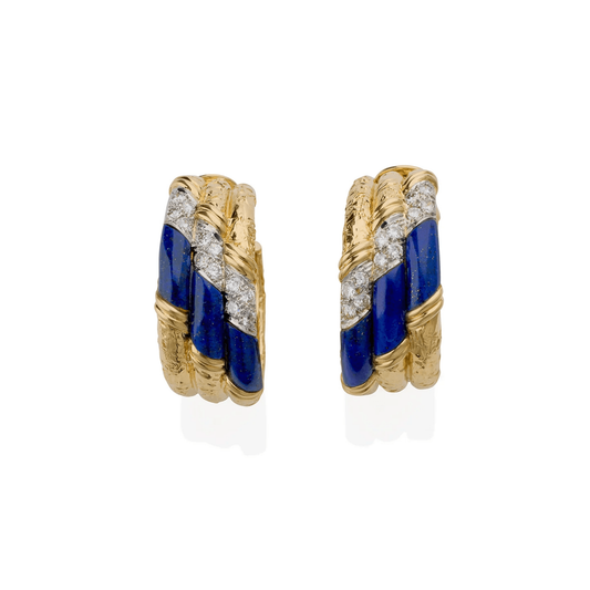 Van Cleef & Arpels Paris 1970s 18KT Yellow Gold Diamond & Lapis Lazuli Earrings front