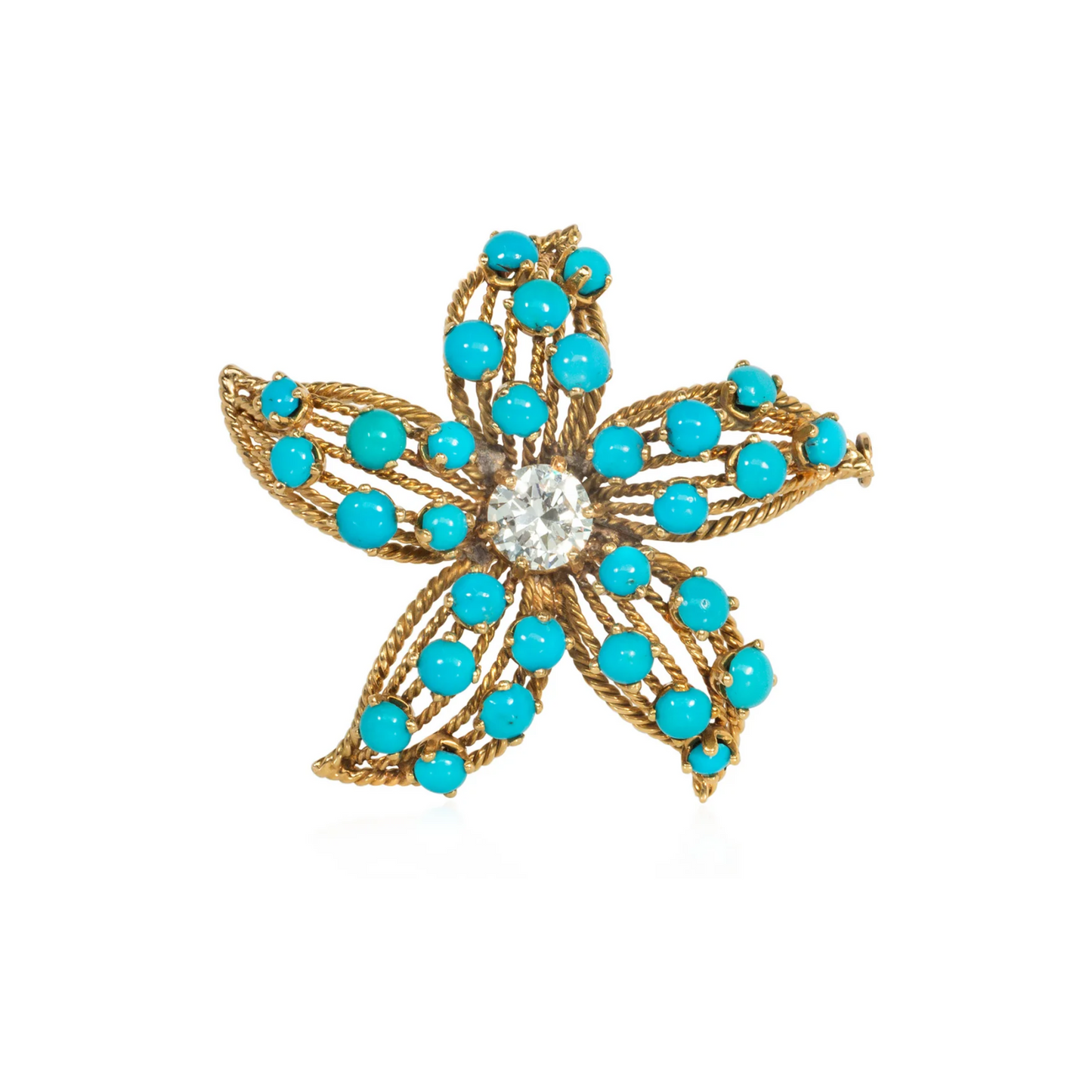 French 1950s 18KT Yellow Gold Turquoise & Diamond Flower Brooch front