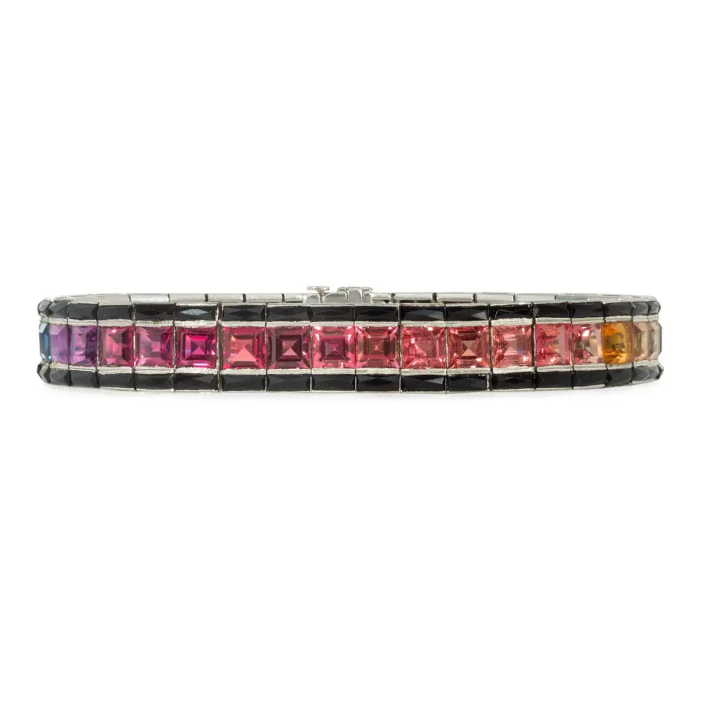 1980s Platinum Sapphire, Citrine, Garnet, Onyx & Peridot Bracelet front