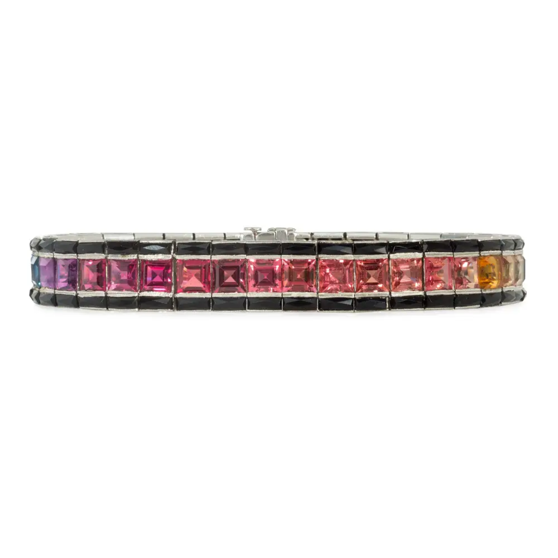 1980s Platinum Sapphire, Citrine, Garnet, Onyx & Peridot Bracelet front