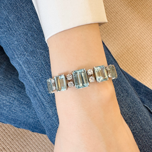1950s Platinum Aquamarine & Diamond Bracelet on wrist