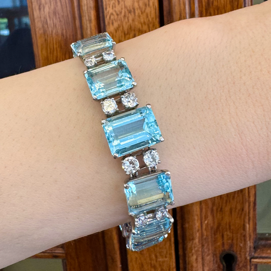 1950s Platinum Aquamarine & Diamond Bracelet on wrist