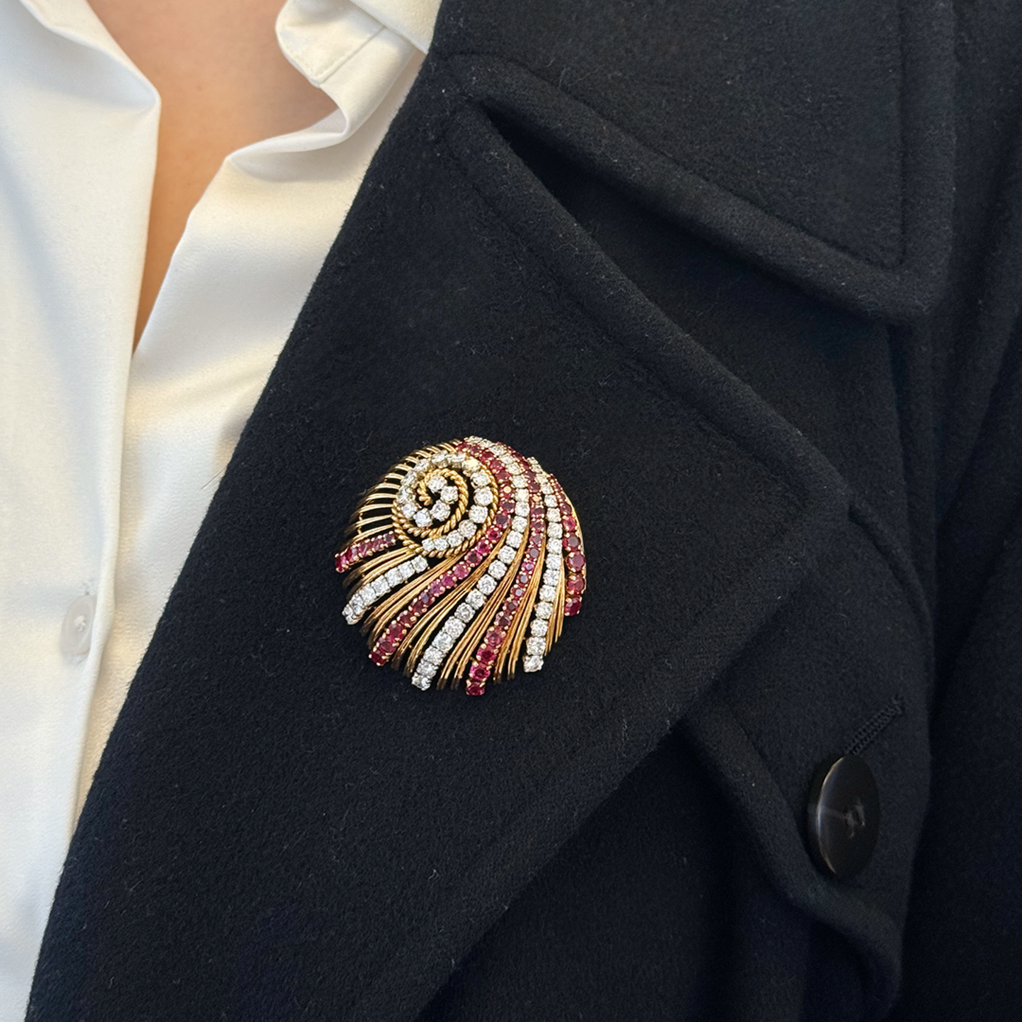 French 1960s Platinum & 18KT Yellow Gold Diamond & Ruby Brooch on collar