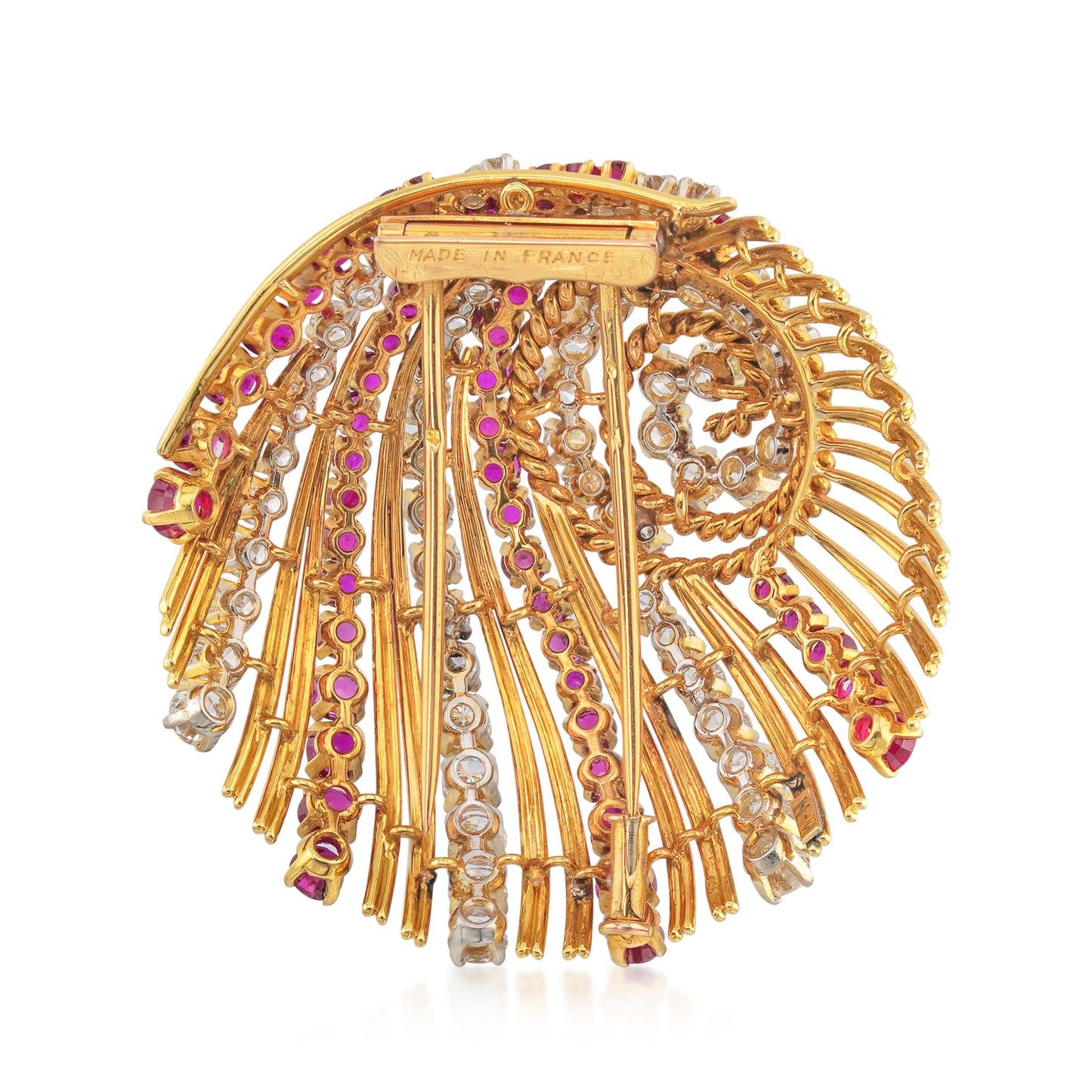 French 1960s Platinum & 18KT Yellow Gold Diamond & Ruby Brooch back