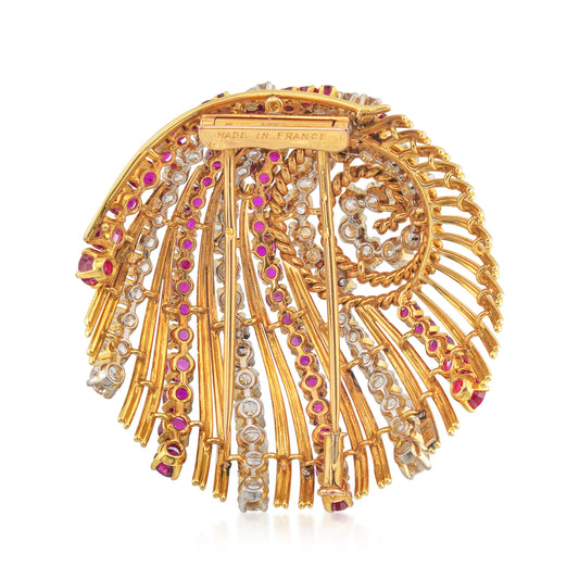 French 1960s Platinum & 18KT Yellow Gold Diamond & Ruby Brooch back