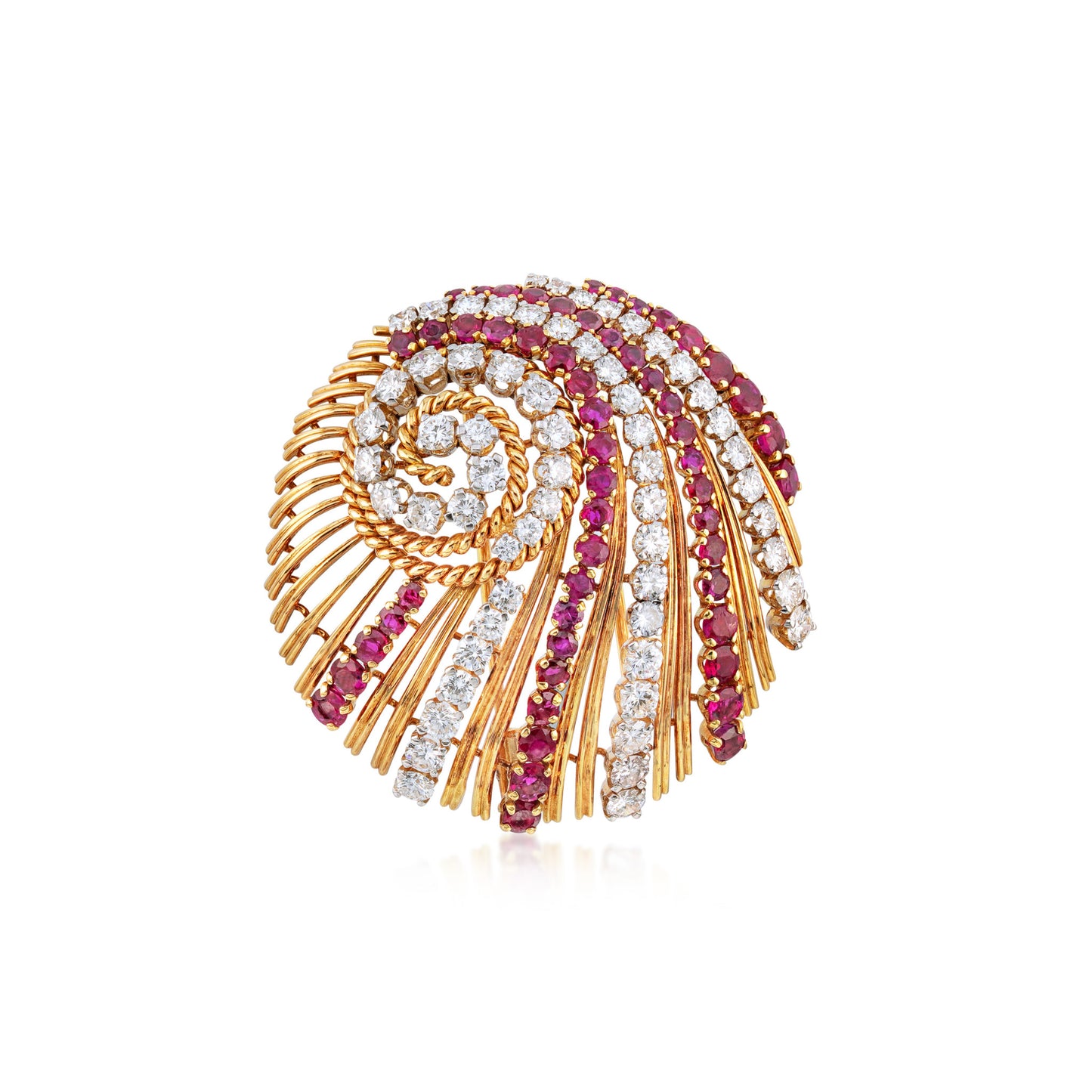 French 1960s Platinum & 18KT Yellow Gold Diamond & Ruby Brooch front