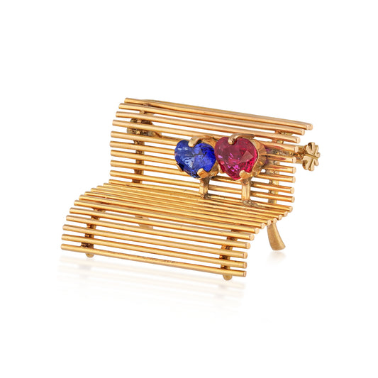 Cartier NY 1960s 18KT Yellow Gold Sapphire & Ruby Brooch side