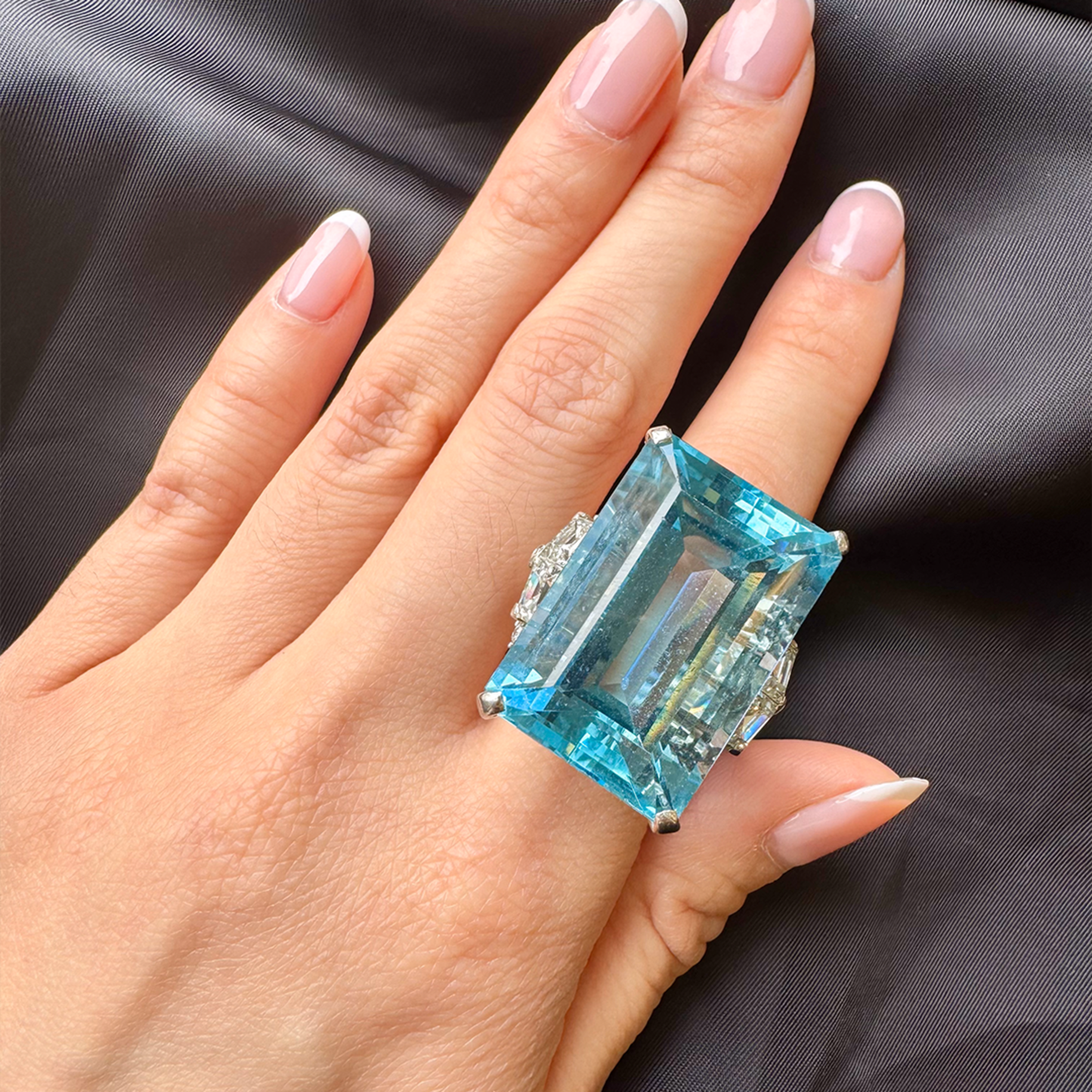 1950s Platinum Aquamarine & Diamond Ring on hand