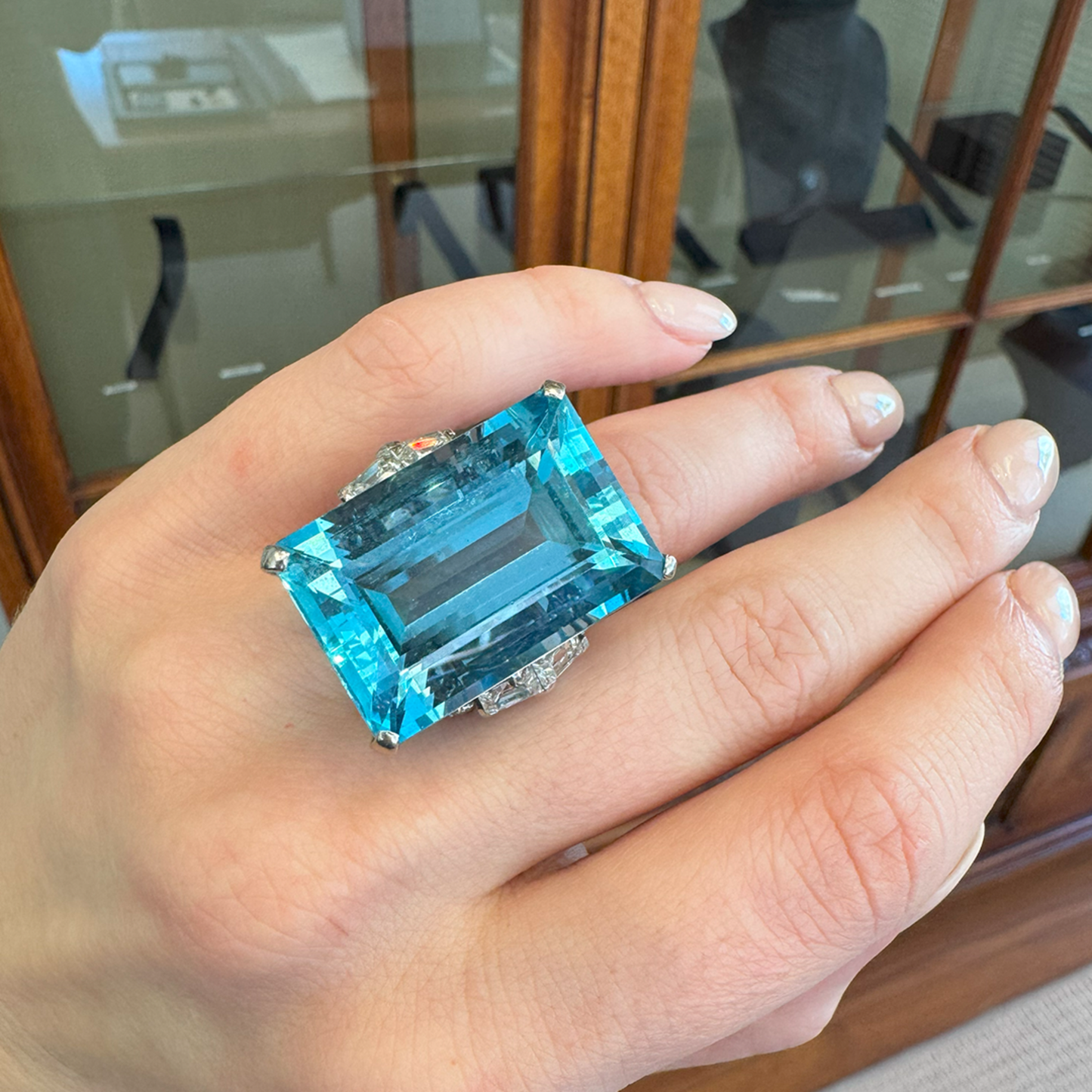 1950s Platinum Aquamarine & Diamond Ring on hand