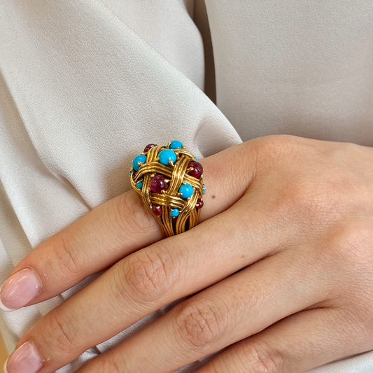 Jean Schlumberger 1960s 18KT Yellow Gold Turquoise & Ruby Ring on hand