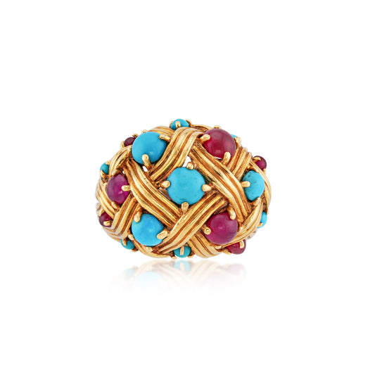 Jean Schlumberger 1960s 18KT Yellow Gold Turquoise & Ruby Ring front