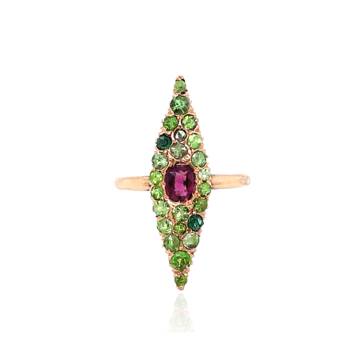 1980s 18KT Yellow Gold Ruby & Demantoid Garnet Ring front