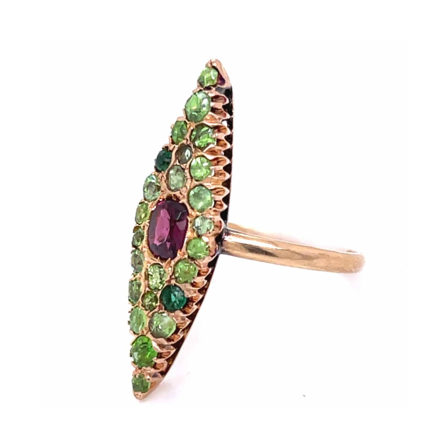 1980s 18KT Yellow Gold Ruby & Demantoid Garnet Ring side