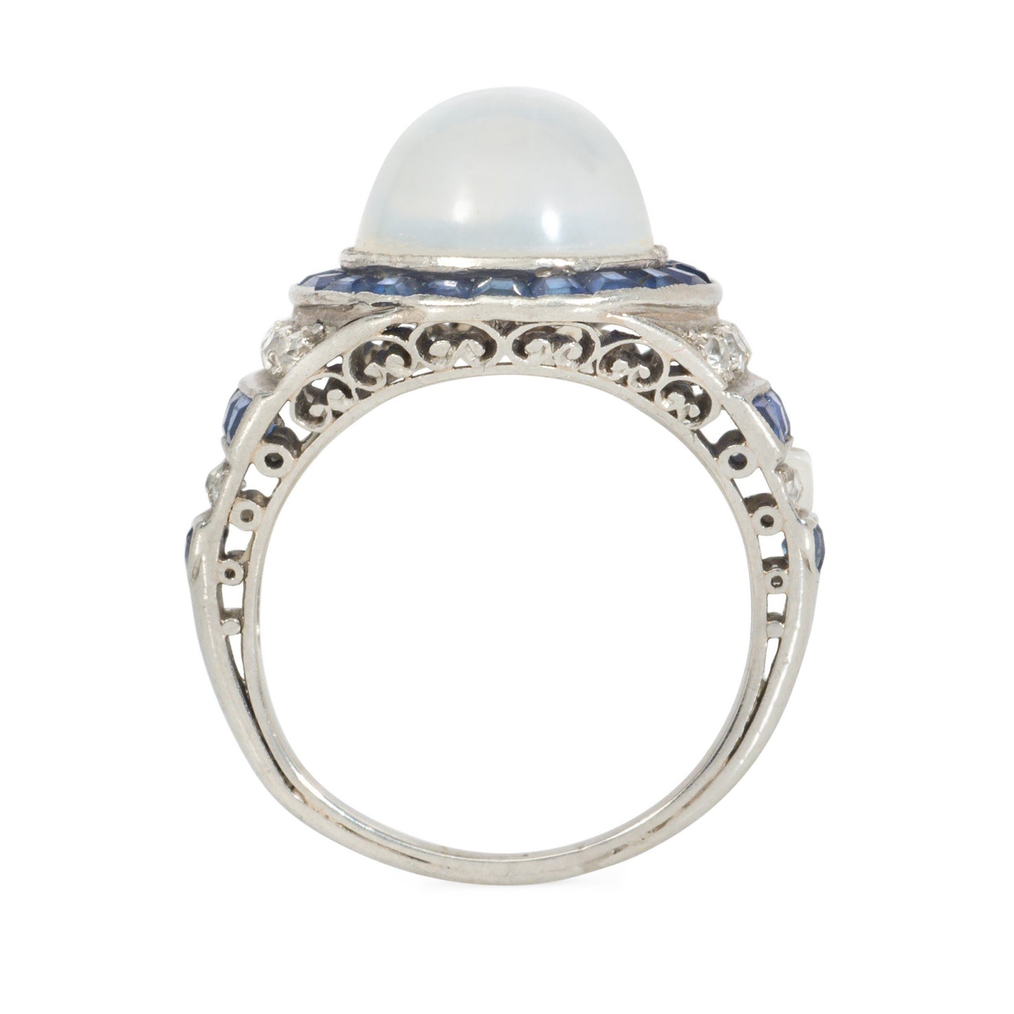 Art Deco Platinum Moonstone, Diamond & Sapphire Ring profile