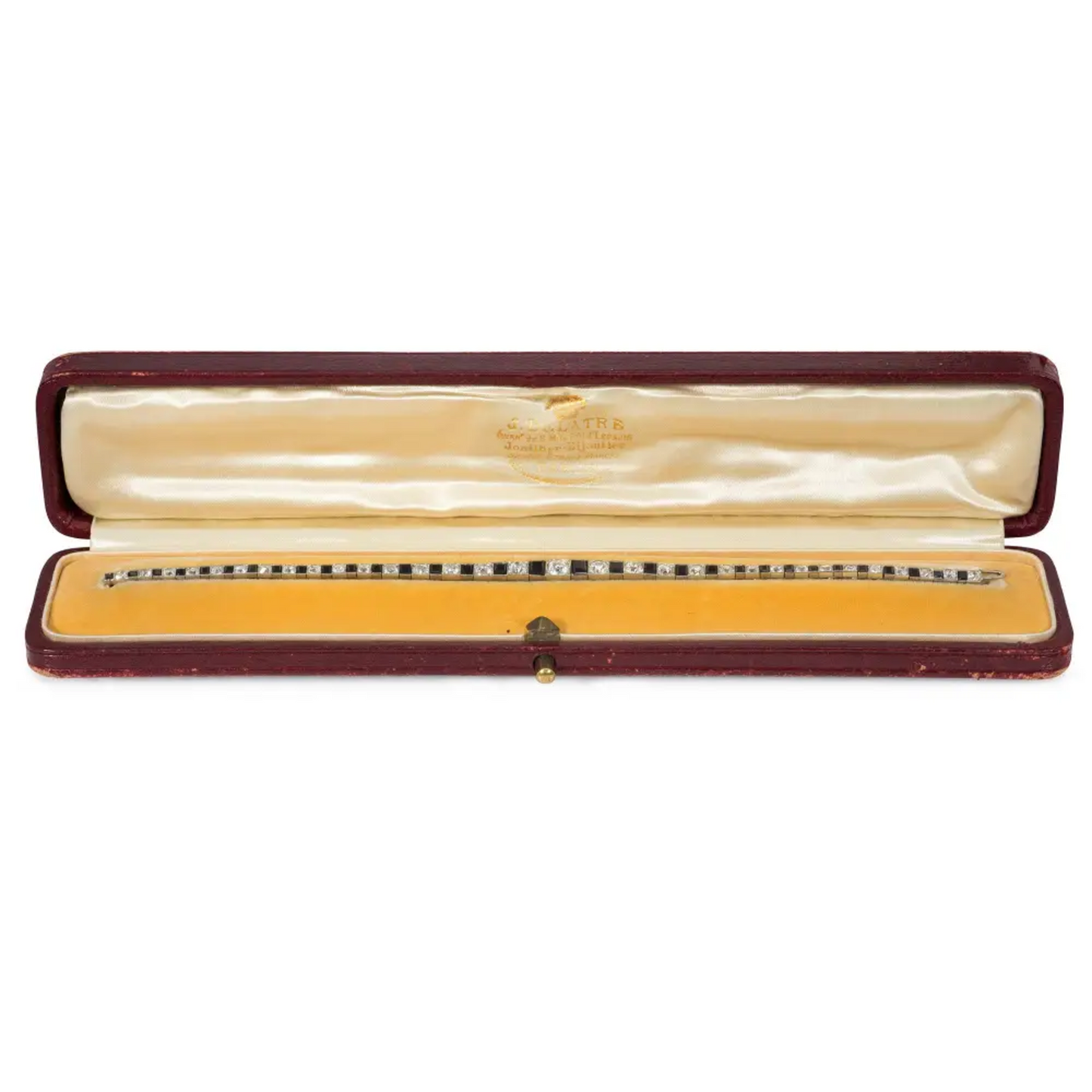 French Art Deco 18KT White Gold Diamond & Onyx Bracelet in box