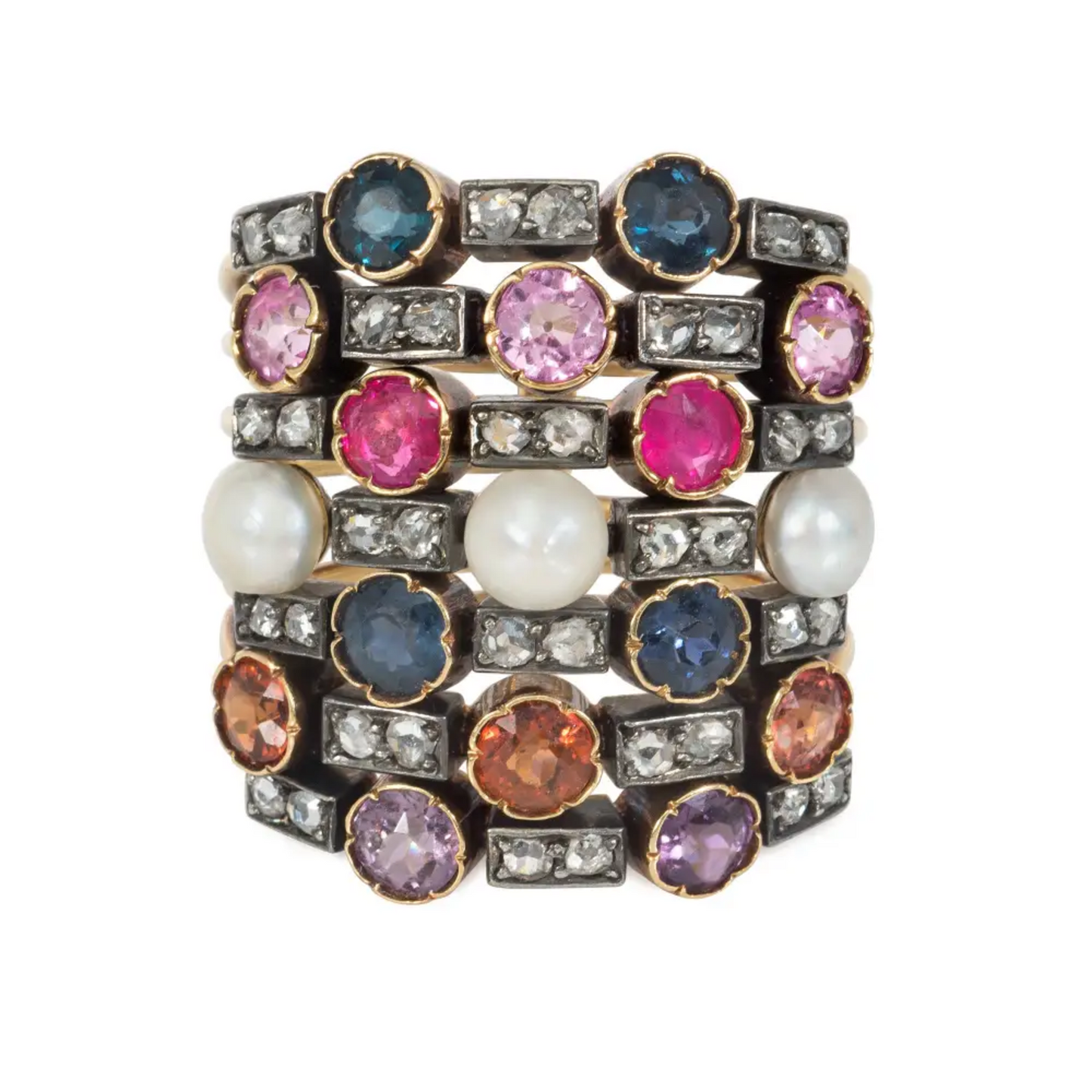 Victorian Silver & 18KT Yellow Gold Multigem Ring front