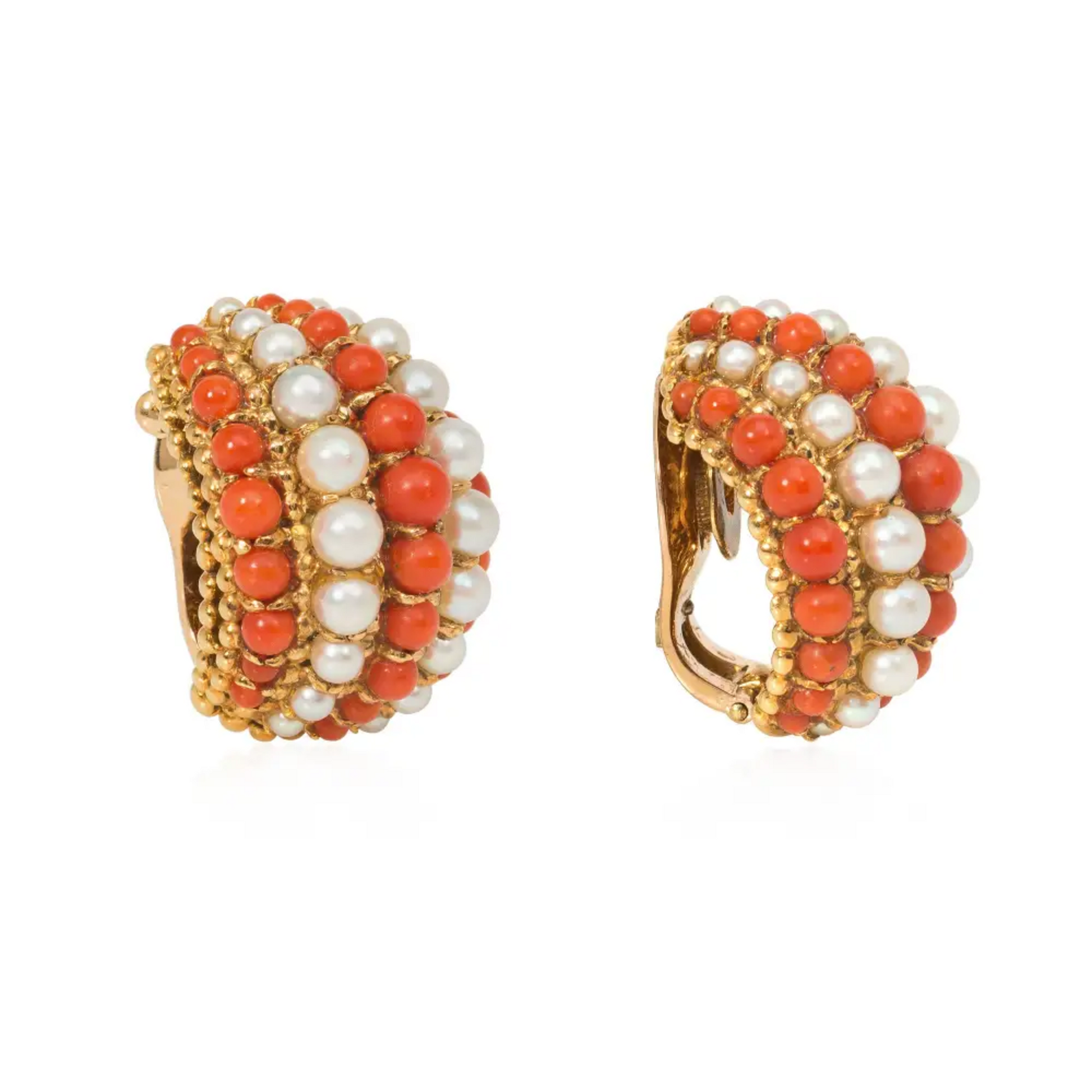 Van Cleef & Arpels France 1960s 18KT Yellow Gold Coral & Cultured Pearl Earrings side