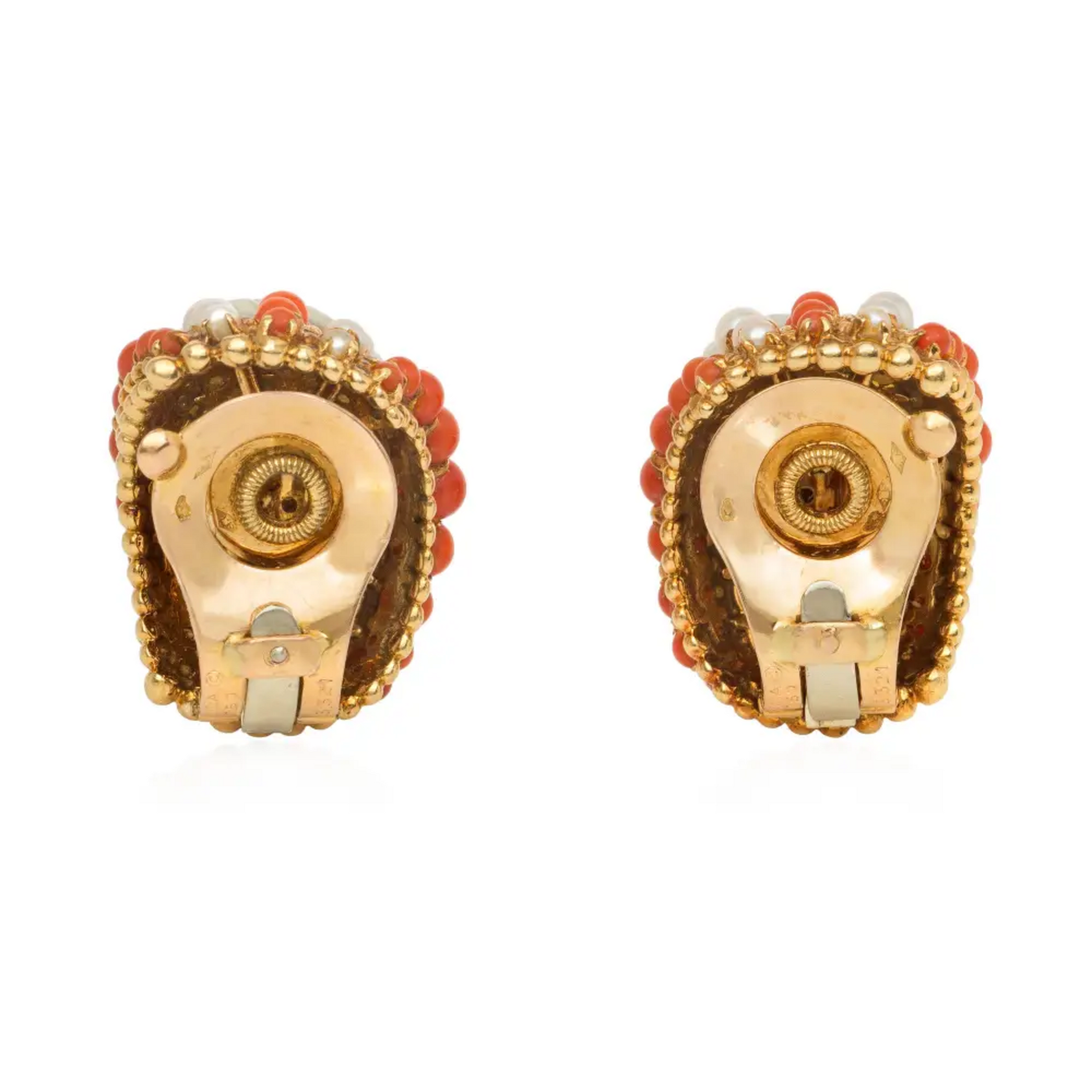 Van Cleef & Arpels France 1960s 18KT Yellow Gold Coral & Cultured Pearl Earrings back
