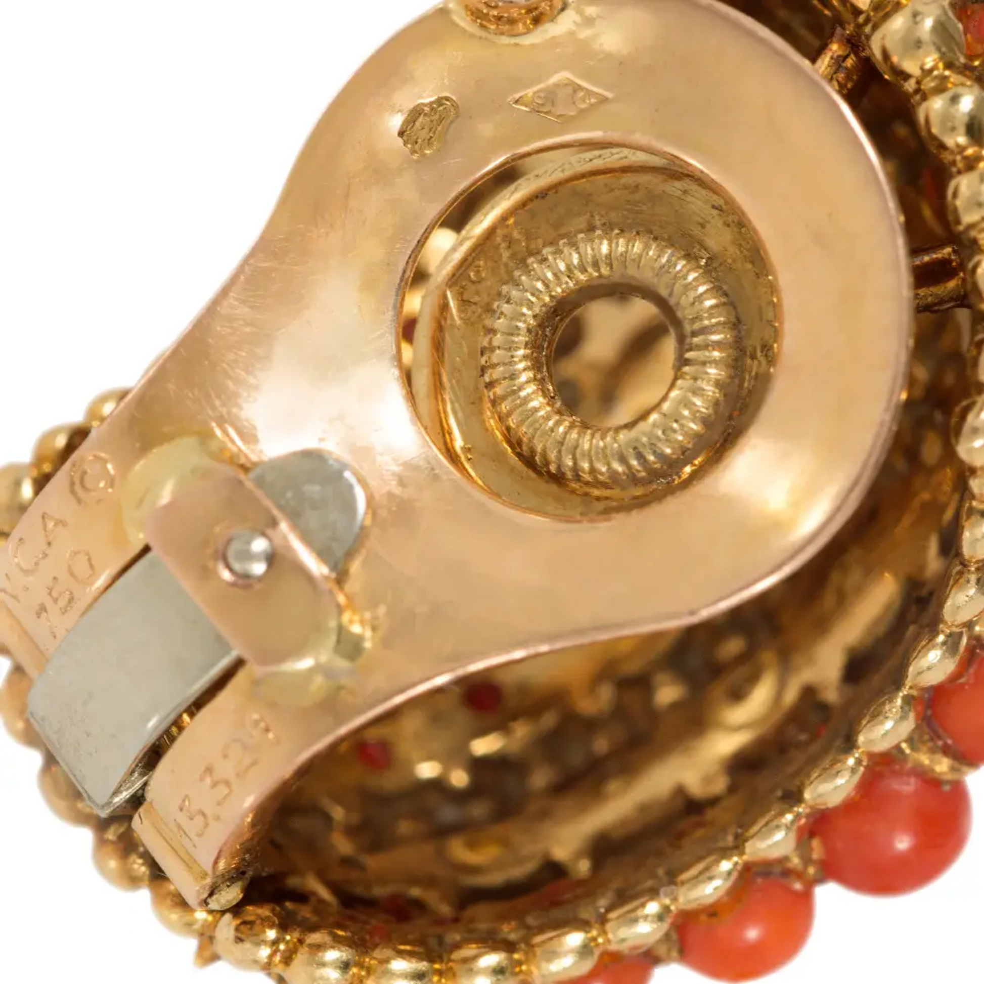 Van Cleef & Arpels France 1960s 18KT Yellow Gold Coral & Cultured Pearl Earrings signature