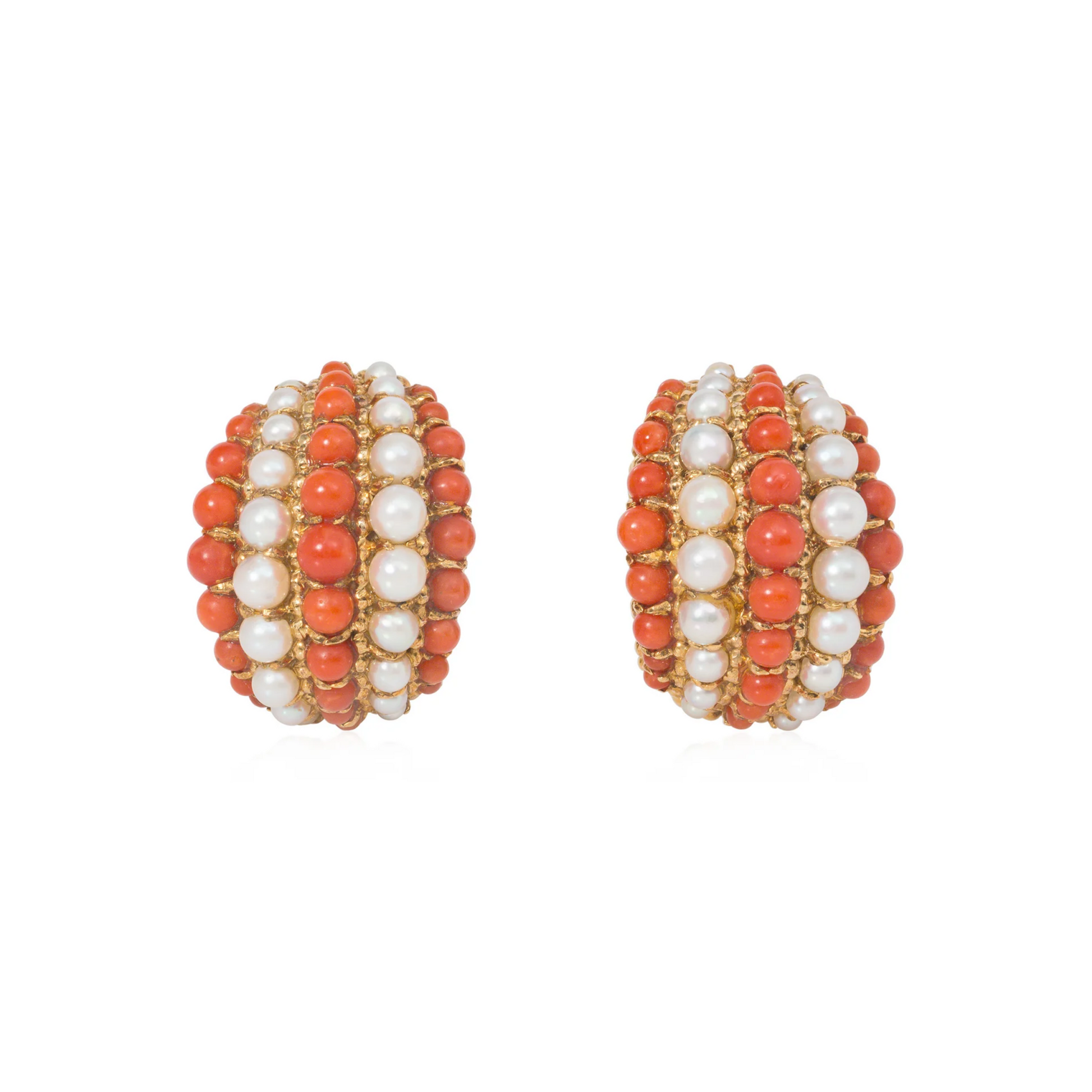Van Cleef & Arpels France 1960s 18KT Yellow Gold Coral & Cultured Pearl Earrings front