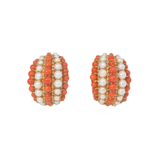 Van Cleef & Arpels France 1960s 18KT Yellow Gold Coral & Cultured Pearl Earrings front