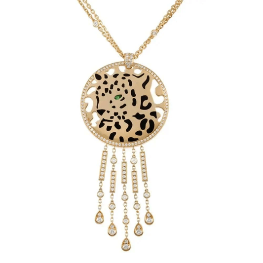 Cartier France Post-1980s 18KT Yellow Gold Diamond & Enamel Panther Necklace front
