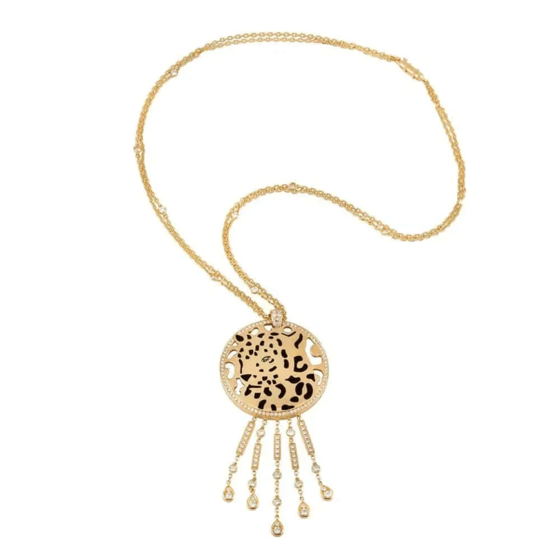 Cartier France Post-1980s 18KT Yellow Gold Diamond & Enamel Panther Necklace front
