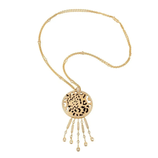 Cartier France Post-1980s 18KT Yellow Gold Diamond & Enamel Panther Necklace front