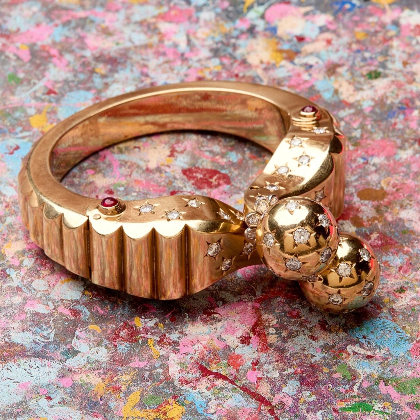 Seaman Schepps Retro 14KT Yellow Gold Diamond & Ruby Bracelet top