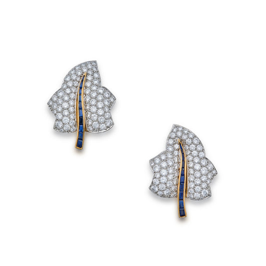 Oscar Heyman Bros 1980s Platinum & 18KT Yellow Gold Diamond & Sapphire Leaf Earrings front
