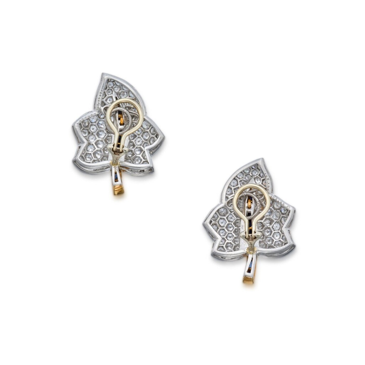Oscar Heyman Bros 1980s Platinum & 18KT Yellow Gold Diamond & Sapphire Leaf Earrings back