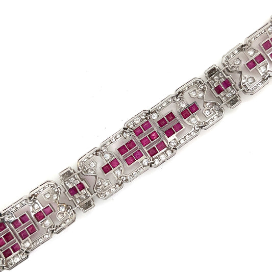 Mauboussin French Art Deco Platinum Ruby & Diamond Bracelet close-up details
