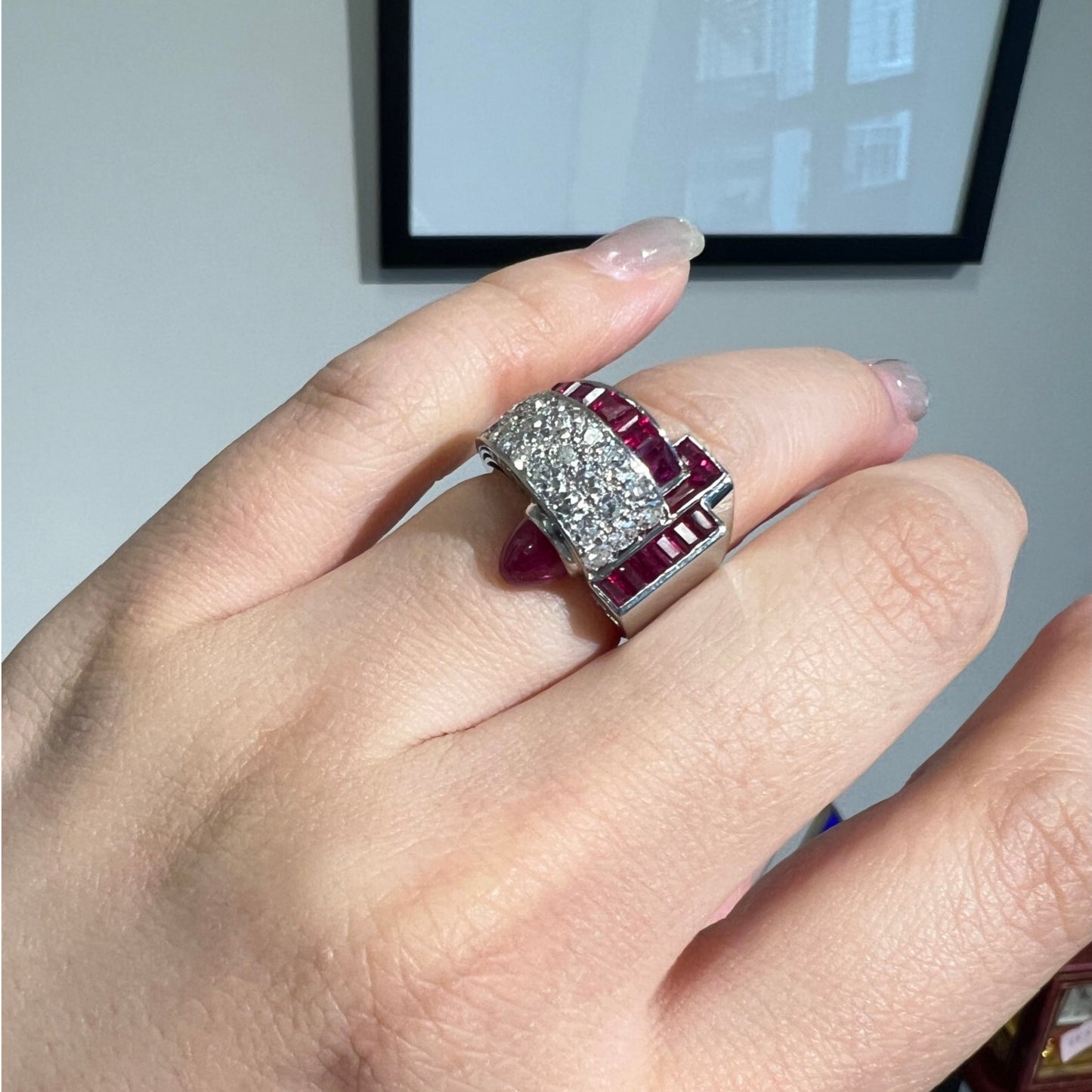 Art Deco Platinum Ruby & Diamond Ring on finger