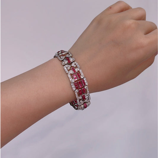 Mauboussin French Art Deco Platinum Ruby & Diamond Bracelet on wrist