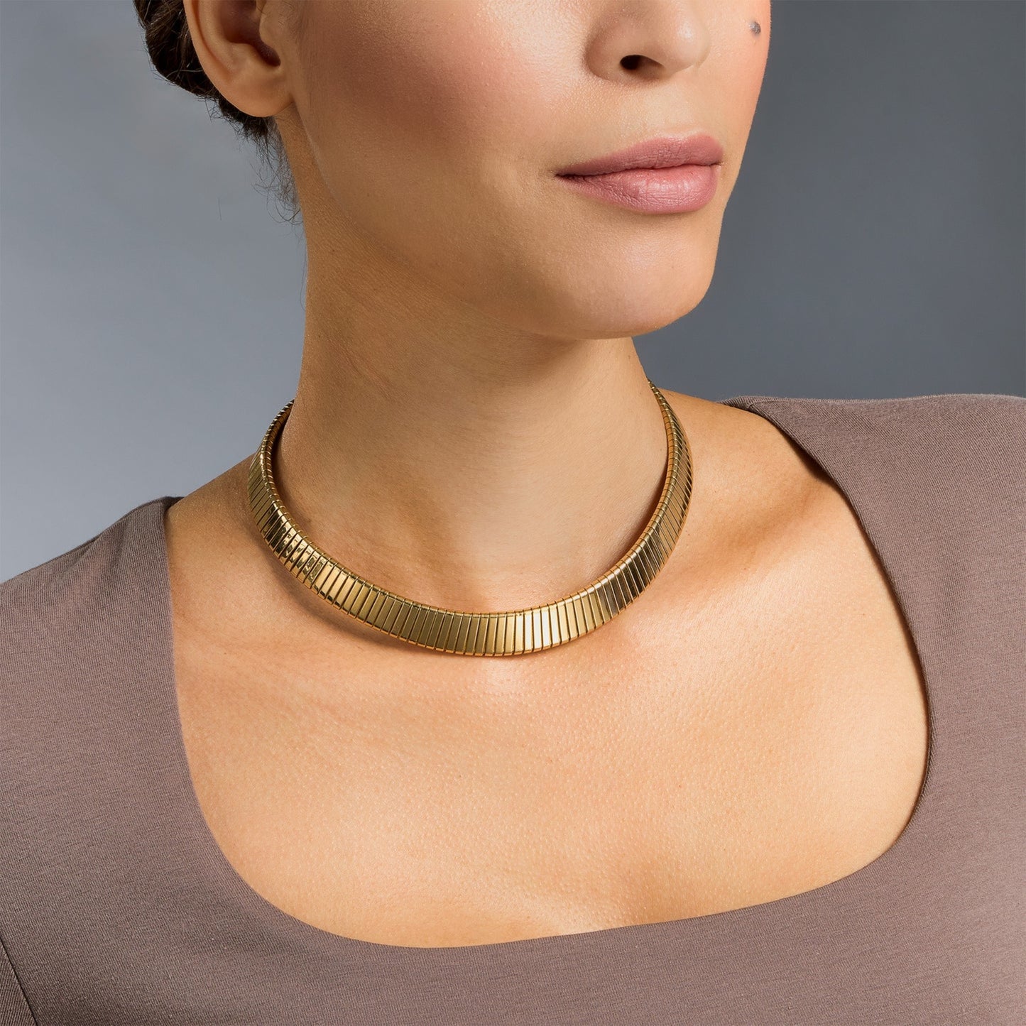 Bulgari Italy Post-1980s 18KT Yellow Gold Tubogas Necklace on neck