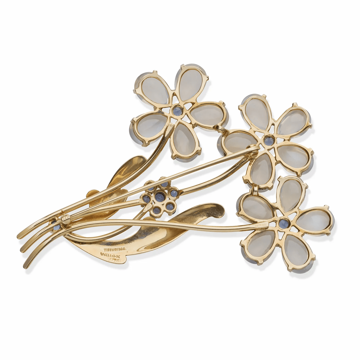Tiffany & Co. Retro 14KT Yellow Gold Moonstone & Sapphire Flower Brooch back
