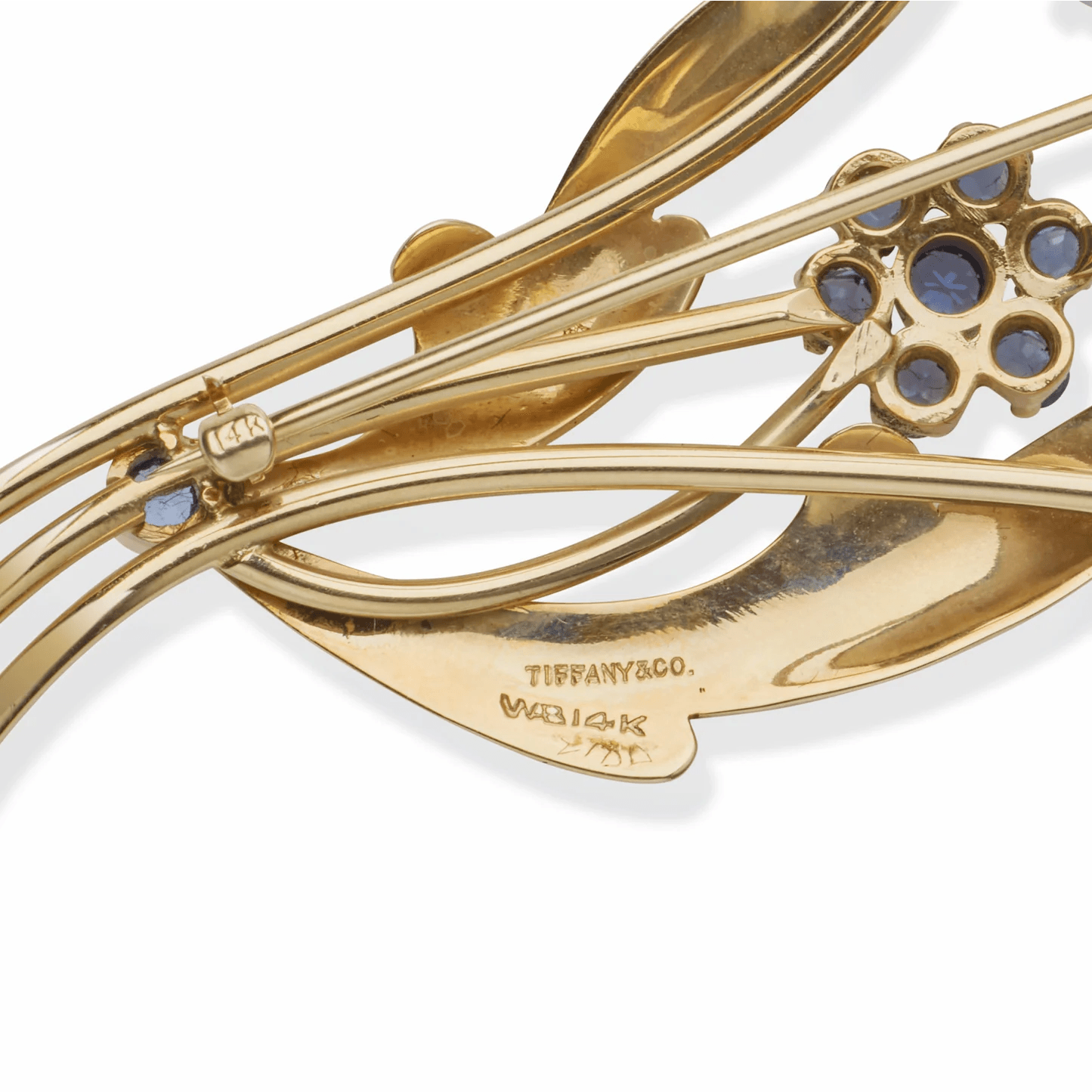 Tiffany & Co. Retro 14KT Yellow Gold Moonstone & Sapphire Flower Brooch signature