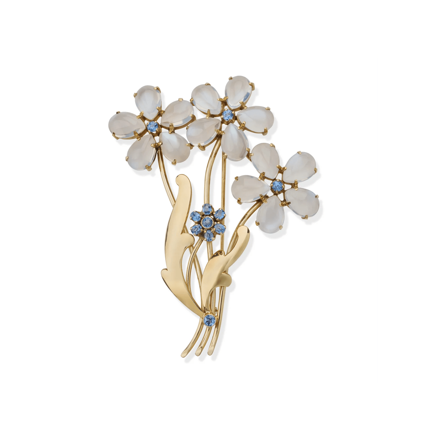 Tiffany & Co. Retro 14KT Yellow Gold Moonstone & Sapphire Flower Brooch front
