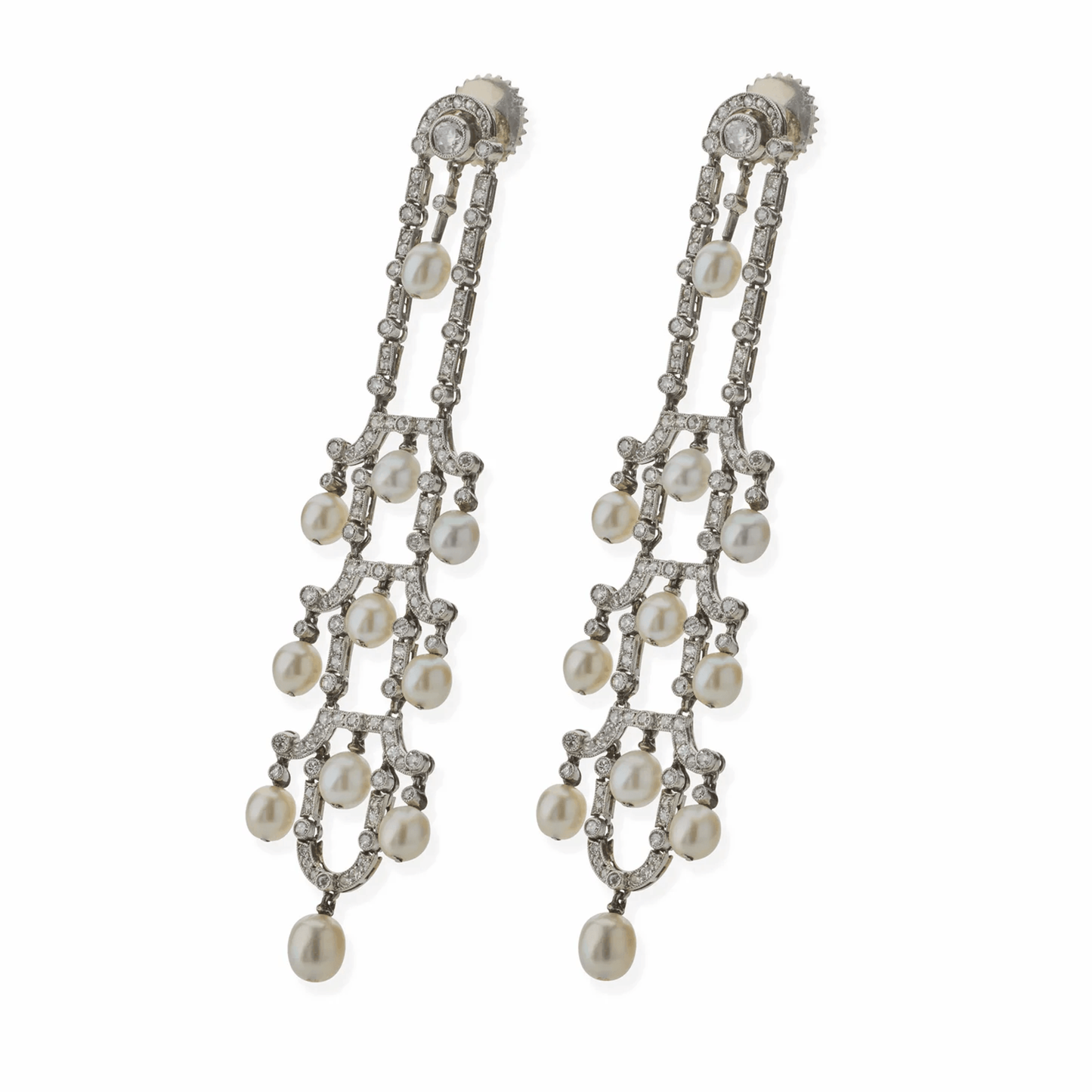 Art Deco Platinum Diamond & Natural Pearl Earrings front