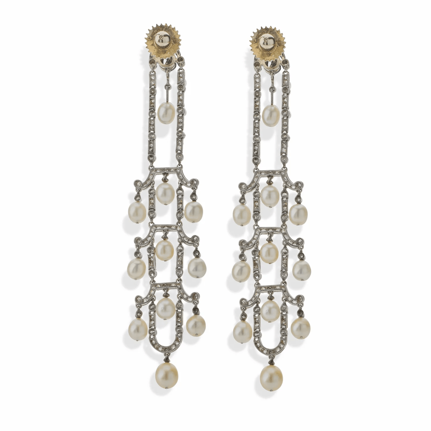 Art Deco Platinum Diamond & Natural Pearl Earrings back