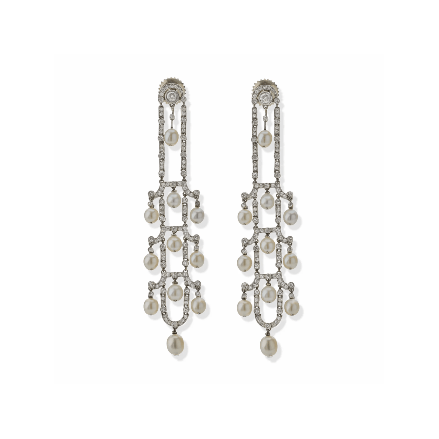 Art Deco Platinum Diamond & Natural Pearl Earrings front