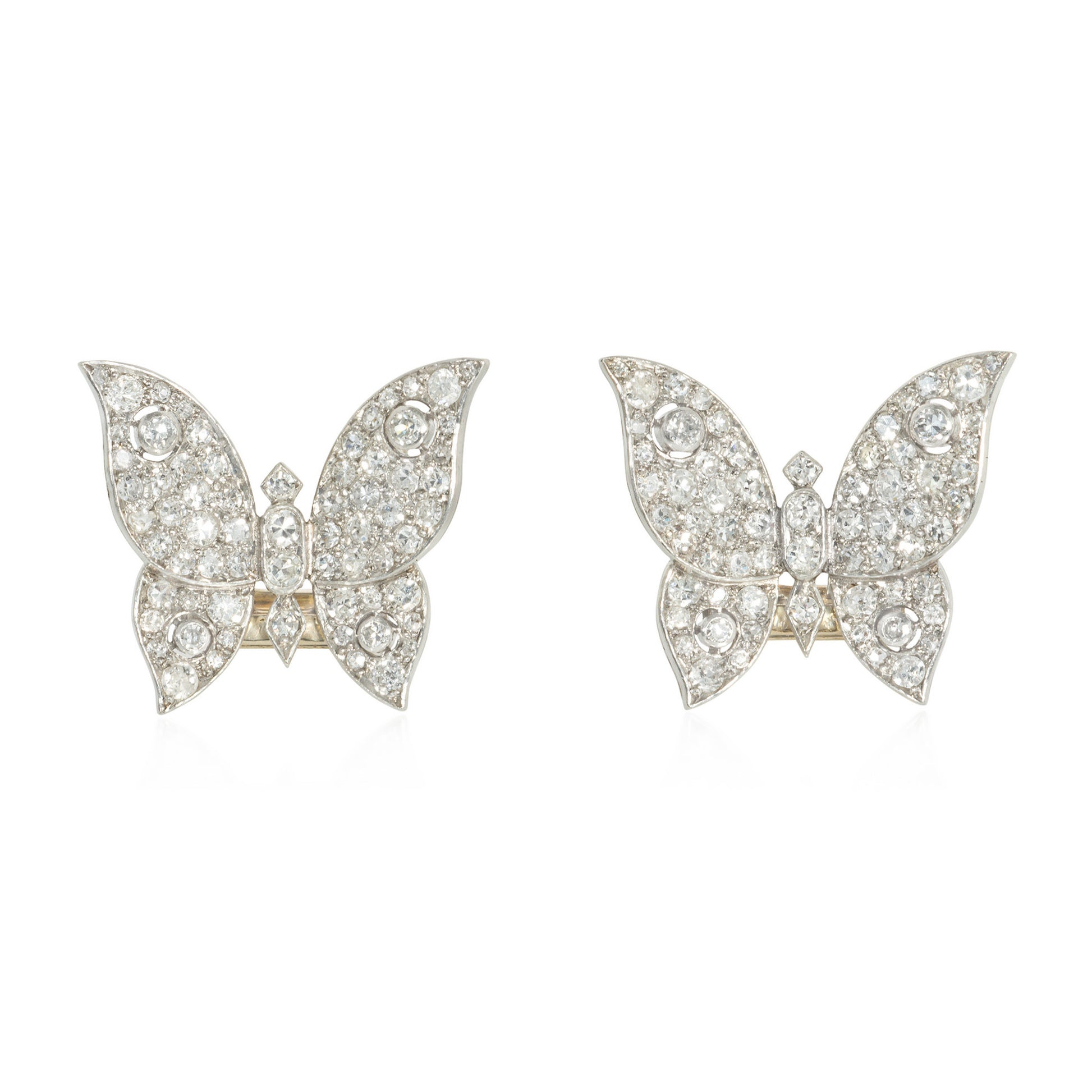 French Art Deco Platinum Diamond Butterfly Brooches front