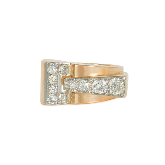 Retro 14KT Yellow Gold Diamond Buckle Ring front